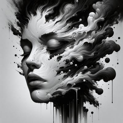 The primary subject of the image is a woman's face, which is the main focus of the image. The setting is a black and white background, giving the image a classic and timeless feel. The visual style is a combination of digital art and illustration, creating a unique and artistic representation of the woman's face. The colors and mood of the image are predominantly black and white, with some grays and shades of white, giving the image a dramatic and moody atmosphere.
